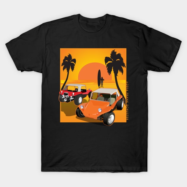 Red and Orange Dune Buggies on Beach w Sunset T-Shirt by PauHanaDesign